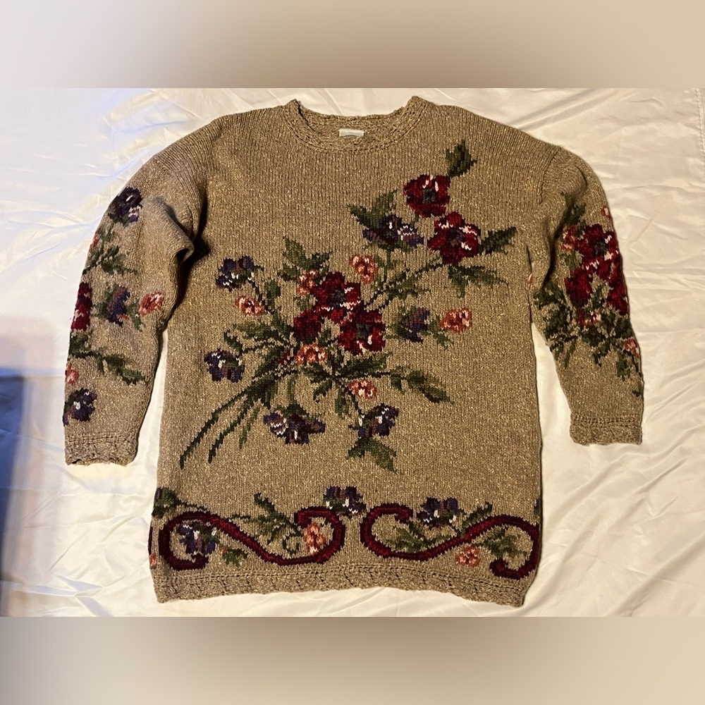 Laura Ashley Floral wool blend Sweater - Sz L oversized 90s